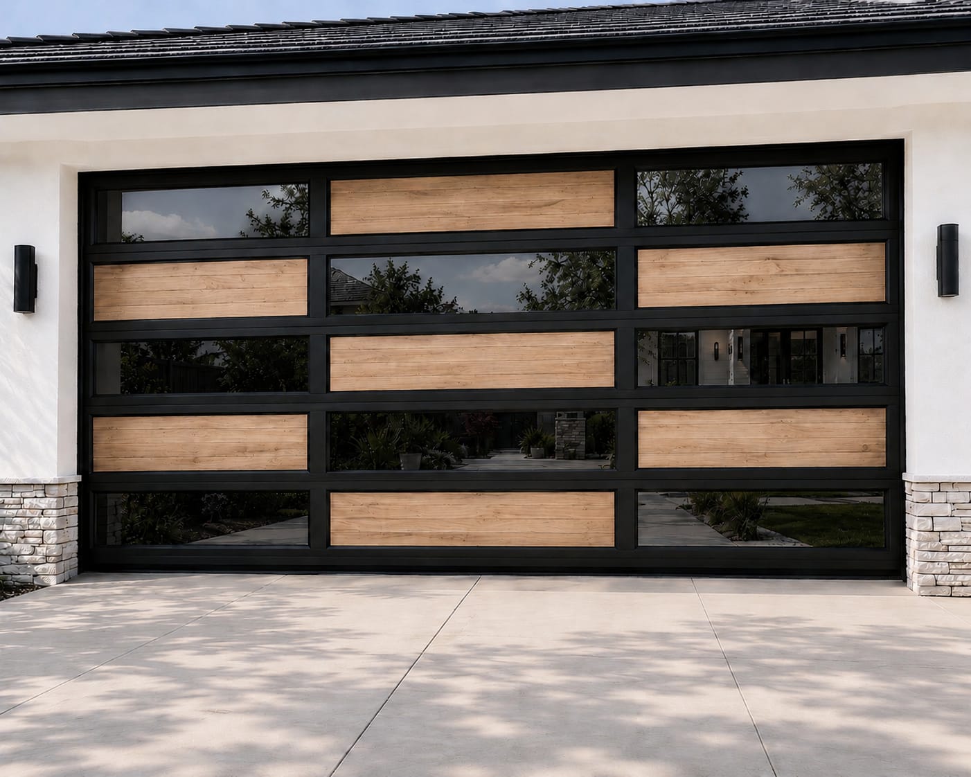 Dark aluminium and glass style garage door design